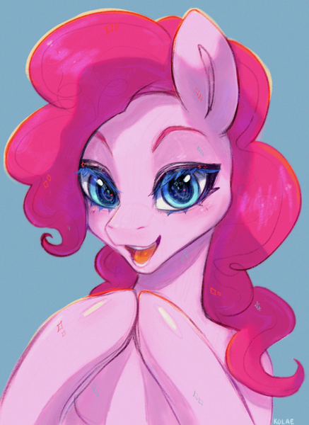 Size: 802x1100 | Tagged: safe, artist:kolae, derpibooru import, pinkie pie, earth pony, pony, blue background, bust, cute, diapinkes, female, hooves together, looking at you, mare, open mouth, portrait, signature, simple background, smiling, solo
