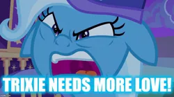 Size: 888x499 | Tagged: angry, caption, cropped, derpibooru import, edit, edited screencap, floppy ears, image macro, meme, safe, screencap, solo, text, to where and back again, trixie, trixie's wagon, trixie yells at everything