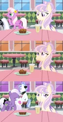 Size: 2000x3889 | Tagged: safe, artist:yokokinawa, derpibooru import, oc, unofficial characters only, bat pony, chair, comic, donut, donut shop, eating, female, food, mare, milkshake, table, vector, window