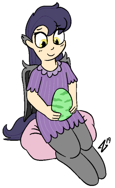 Size: 441x720 | Tagged: safe, artist:heretichesh, derpibooru import, oc, oc:nettle, unofficial characters only, bat pony, satyr, clothes, dragon egg, dress, offspring, parent:oc:cudgel, pillow, sitting, smiling, solo