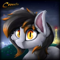 Size: 4000x4000 | Tagged: safe, artist:thefunnysmile, derpibooru import, oc, oc:crossfire, unofficial characters only, bat pony, pony, blurred background, bust, cheek fluff, chest fluff, city, commission, ear fluff, looking at you, night, portrait, smiling, solo