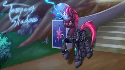 Size: 4800x2700 | Tagged: safe, artist:ravvij, derpibooru import, fizzlepop berrytwist, tempest shadow, twilight sparkle, pony, unicorn, adorasexy, armor, broken horn, bush, castle, cute, cutie mark, female, fizzlepop's fireworks, horn, lightning, magic, marble, mare, metal, moonlight, night, road, rock, sexy, solo, stairs, stone, tree, twilight's castle, wood