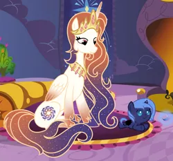 Size: 3256x3032 | Tagged: safe, artist:parisa07, derpibooru import, princess luna, oc, oc:queen galaxia, alicorn, pony, unicorn, 's parents, baby, baby pony, celestia and luna's mother, female, filly, magic, mother and child, mother and daughter, prone, woona, younger