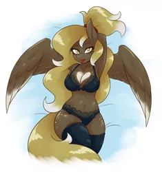 Size: 1930x2055 | Tagged: absolute cleavage, adorasexy, anthro, anthro oc, arm behind head, armpits, artist:ambris, bed, belly button, black underwear, blushing, boob freckles, bra, breasts, chest freckles, cleavage, clothes, coat markings, colored wings, crossed legs, curvy, cute, derpibooru import, digital art, eyelashes, female, freckles, frilly, frilly underwear, gradient mane, gradient wings, hip freckles, lace, laying on bed, leg freckles, lingerie, lipstick, looking at you, mare, midriff, oc, ocbetes, oc:kissy, on back, on bed, panties, pegasus, ponytail, ribbon, seductive, sexy, socks, solo, solo female, spread wings, stockings, suggestive, thigh highs, thighs, underwear, unofficial characters only, wings