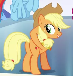 Size: 386x402 | Tagged: safe, derpibooru import, screencap, applejack, rainbow dash, pony, the beginning of the end, butt, contortion, cropped, hoof in mane, looking at you, plot