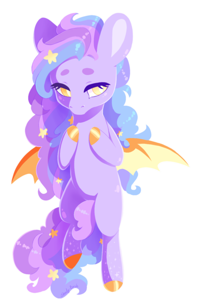 Size: 936x1456 | Tagged: safe, artist:shady-bush, derpibooru import, oc, oc:starfall, bat pony, pony, bat pony oc, bat wings, ethereal mane, female, lineless, mare, simple background, starry mane, stars, transparent background, wings