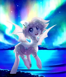 Size: 1340x1564 | Tagged: safe, artist:shady-bush, derpibooru import, oc, oc:sugarcube, alien, bat pony, pony, aurora borealis, bat pony oc, bat wings, bracelet, cute, ear piercing, ethereal mane, fangs, female, happy, jewelry, lake, mare, night, ocbetes, piercing, starry mane, stars, wings