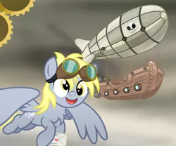 Size: 3000x2500 | Tagged: safe, artist:pizzamovies, derpibooru import, derpy hooves, pegasus, pony, airship, cloud, cloudy, cutie mark, envelope, epic derpy, female, flying, gears, goggles, heart, letter, mare, propeller, skull, smiling, smoke, solo, steampunk