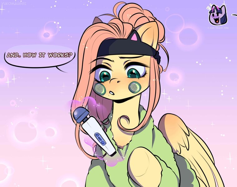 Size: 2048x1617 | Tagged: artist:yukomaussi, bandana, cucumber, derpibooru import, fluttershy, food, hitachi wand, levitation, magic, offscreen character, questionable, sex toy, simple background, telekinesis, text, twilight sparkle, vibrator, wings