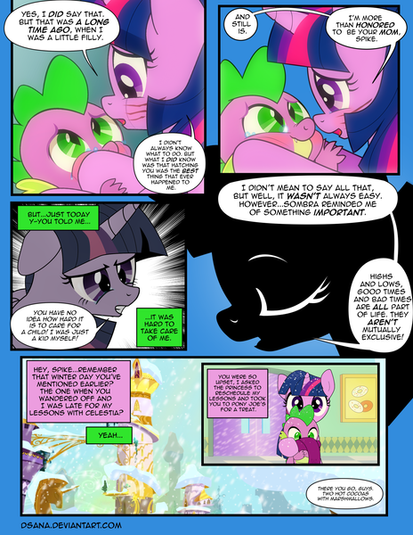 Size: 1275x1650 | Tagged: safe, artist:dsana, derpibooru import, spike, twilight sparkle, twilight sparkle (alicorn), alicorn, dragon, pony, comic:the shadow shard, baby, baby spike, canterlot, comic, crying, dialogue, duo, female, filly, filly twilight sparkle, flashback, male, mama twilight, mare, offscreen character, snow, snowfall, tears of joy, twilight's canterlot home, younger