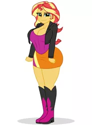 Size: 1700x2300 | Tagged: safe, artist:mashoart, derpibooru import, sunset shimmer, equestria girls, big breasts, breasts, busty sunset shimmer, cleavage, clothes, female, looking at you, smiling, solo