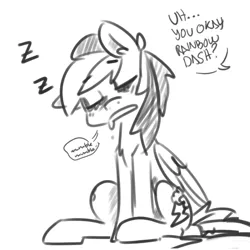 Size: 800x800 | Tagged: safe, artist:xieril, derpibooru import, rainbow dash, pegasus, pony, dialogue, drool, lineart, monochrome, offscreen character, onomatopoeia, sitting, sleeping, solo, sound effects, zzz