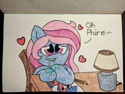 Size: 2560x1920 | Tagged: safe, artist:thebadbadger, derpibooru import, oc, oc:bubblegum, oc:phire demon, unofficial characters only, pony, chair, drool, heart, lamp, pencil, table, traditional art