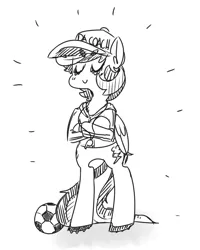 Size: 1060x1324 | Tagged: safe, artist:xieril, derpibooru import, rainbow dash, pegasus, pony, semi-anthro, ball, bipedal, black and white, cap, clothes, crossed hooves, eyes closed, female, football, grayscale, hat, human pose, mare, monochrome, simple background, sketch, solo, sports, whistle, white background