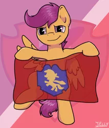 Size: 1700x2000 | Tagged: safe, artist:jellysiek, derpibooru import, scootaloo, pegasus, pony, clothes, cutie mark, cutie mark background, female, filly, flag, see-through, signature, solo, the cmc's cutie marks