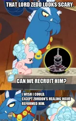 Size: 500x791 | Tagged: safe, derpibooru import, edit, edited screencap, screencap, cozy glow, grogar, pegasus, pony, sheep, the beginning of the end, caption, comic, crystal ball, female, filly, grogar's crystal ball meme, grogar's orb, image macro, imgflip, implied zordon, lord zedd, male, power rangers, ram, screencap comic, spoiler for another series, text