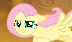 Size: 1680x983 | Tagged: safe, derpibooru import, screencap, fluttershy, pegasus, pony, the beginning of the end, confident, cropped, female, floppy ears, flying, looking at you, mare, narrowed eyes, smiling, smirk, solo, spread wings, wings