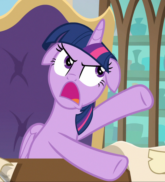 Size: 846x932 | Tagged: safe, derpibooru import, screencap, twilight sparkle, twilight sparkle (alicorn), alicorn, pony, the beginning of the end, annoyed, cropped, floppy ears, open mouth, paper, scroll, sitting, solo, yelling