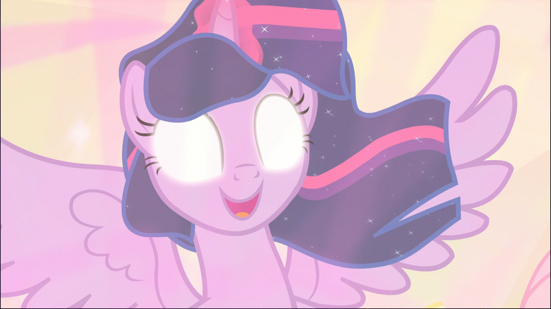 Size: 1748x983 | Tagged: safe, derpibooru import, screencap, twilight sparkle, twilight sparkle (alicorn), alicorn, pony, the beginning of the end, cropped, ethereal mane, female, glowing eyes, glowing horn, horn, mare, open mouth, smiling, solo, spread wings, wings