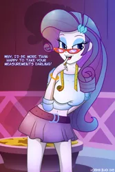 Size: 1000x1500 | Tagged: suggestive, artist:lennonblack, derpibooru import, rarity, equestria girls, beauty mark, bedroom eyes, belly button, breasts, busty rarity, clothes, darling, finger in mouth, glasses, glasses rarity, looking at you, measuring tape, miniskirt, rariflirt, rarity's glasses, sexy, skirt, speech, stupid sexy rarity, talking