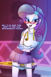 Size: 1000x1500 | Tagged: suggestive, alternate version, artist:lennonblack, derpibooru import, rarity, equestria girls, belly button, belt, breasts, busty rarity, clothes, darling, erect nipples, finger in mouth, glasses, glasses rarity, looking at you, measuring tape, midriff, miniskirt, nipple outline, panties, panties around legs, panties pulled down, rarity's glasses, sexy, skirt, speech, striped underwear, stupid sexy rarity, talking, underwear