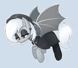 Size: 1280x1117 | Tagged: safe, artist:puetsua, derpibooru import, oc, oc:chalk white, bat pony, pony, accessories, bat pony oc, bat wings, chest fluff, choker, clothes, ear piercing, earring, eyeshadow, fangs, flying, hat, jewelry, makeup, piercing, socks, solo, wings