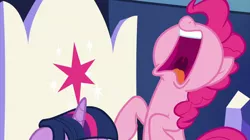 Size: 2000x1121 | Tagged: safe, derpibooru import, screencap, pinkie pie, twilight sparkle, twilight sparkle (alicorn), alicorn, earth pony, pony, the beginning of the end, female, friendship throne, mare, open mouth, out of context, screaming, solo focus