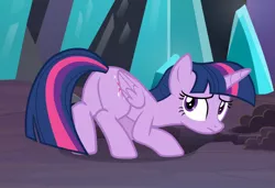 Size: 1089x747 | Tagged: safe, derpibooru import, screencap, twilight sparkle, twilight sparkle (alicorn), alicorn, pony, the beginning of the end, butt, cropped, crouching, cute, dirt, looking back, plot, sad, sadorable, solo