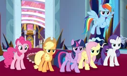 Size: 1442x864 | Tagged: safe, derpibooru import, screencap, applejack, discord, fluttershy, pinkie pie, rainbow dash, rarity, twilight sparkle, twilight sparkle (alicorn), alicorn, draconequus, earth pony, pegasus, pony, unicorn, the beginning of the end, angry, cropped, cute, determined, female, flying, madorable, male, mane six, mare, raised hoof, smiling, varying degrees of want