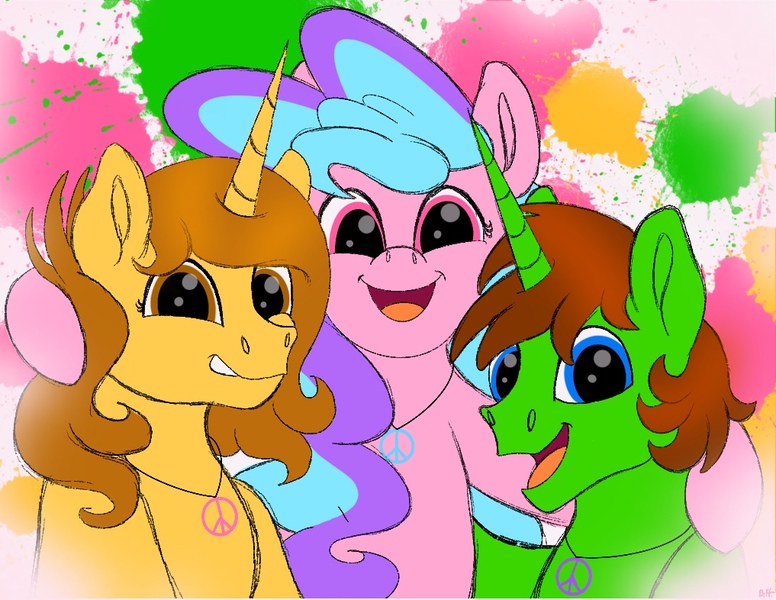 Size: 1017x786 | Tagged: safe, artist:bellbell123, derpibooru import, oc, oc:aspen, oc:bella pinksavage, oc:ryan, pony, brother and sister, couple, female, hippie, jewelry, male, necklace, peace symbol, platonic, ryspen, siblings, sisterly love