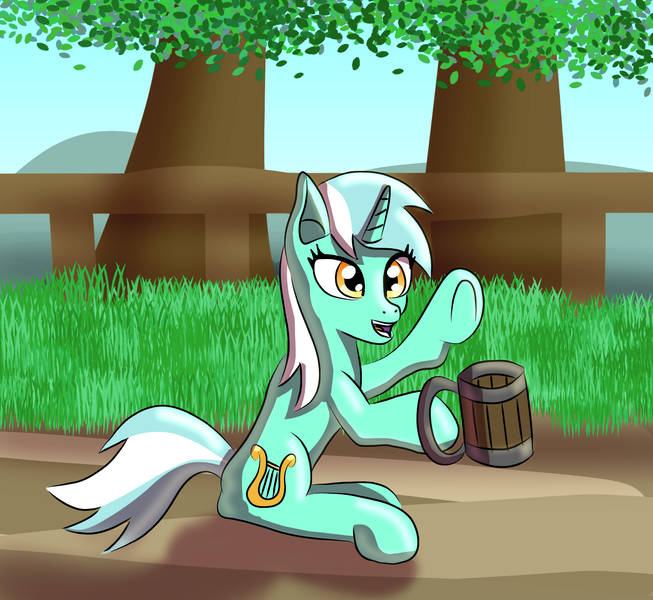 Size: 1628x1496 | Tagged: safe, artist:platinumdrop, derpibooru import, lyra heartstrings, pony, unicorn, cider, cutie mark, female, grass, hooves, horn, mare, open mouth, shadow, solo, tankard, tree