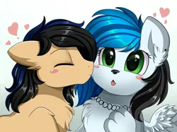 Size: 2379x1783 | Tagged: safe, artist:pridark, derpibooru import, oc, oc:icefluff, oc:pancakehumper, unofficial characters only, pony, wolf, wolf pony, blushing, bust, cute, heart eyes, kiss on the cheek, kissing, portrait, wingding eyes