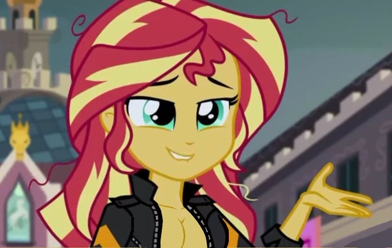 Size: 1134x719 | Tagged: suggestive, artist:aboimages03, derpibooru import, edit, edited screencap, screencap, sunset shimmer, equestria girls, friendship games, absolute cleavage, breast edit, breasts, busty sunset shimmer, canterlot high, cleavage, clothes, female, jacket, leather jacket, lip bite, open jacket, partial nudity, sexy, solo, solo female, topless