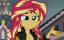 Size: 1134x719 | Tagged: suggestive, artist:aboimages03, derpibooru import, edit, edited screencap, screencap, sunset shimmer, equestria girls, friendship games, absolute cleavage, breast edit, breasts, busty sunset shimmer, canterlot high, cleavage, clothes, female, jacket, leather jacket, lip bite, open jacket, partial nudity, sexy, solo, solo female, topless