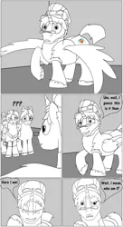 Size: 5513x10113 | Tagged: safe, artist:cactuscowboydan, author:bigonionbean, derpibooru import, oc, oc:heartstrong flare, oc:king calm merriment, oc:king speedy hooves, oc:tommy the human, alicorn, earth pony, human, pony, comic:fusing the fusions, comic:the bastion of canterlot, alicorn oc, argument, body horror, butt, canterlot, canterlot castle, cape, clothes, comic, commissioner:bigonionbean, conductor hat, confusion, cutie mark, dialogue, fat ass, father and child, father and son, flank, fusion, fusion:heartstrong flare, fusion:king calm merriment, fusion:king speedy hooves, goggles, gymnasium, hat, horn, human oc, magic, male, plot, potion, shocked expression, sketch, spread wings, stallion, thicc ass, uncle and nephew, uniform, wings, wonderbolts, wonderbolts uniform