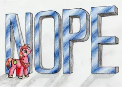 Size: 3302x2365 | Tagged: safe, artist:40kponyguy, derpibooru import, big macintosh, earth pony, pony, colored pencil drawing, looking up, male, nope, reaction image, simple background, solo, stallion, traditional art, white background, yoke