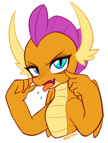 Size: 1985x2610 | Tagged: safe, artist:maren, derpibooru import, smolder, dragon, akanbe, cute, dragoness, eyelid pull, female, looking at you, simple background, smolderbetes, smoldere, solo, tongue out, tsundere, white background
