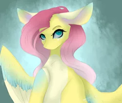 Size: 3000x2545 | Tagged: safe, artist:amcirken, derpibooru import, fluttershy, pegasus, pony, abstract background, big ears, bust, colored hooves, colored wings, female, hoof on chest, looking at you, mare, pale belly, portrait, solo, spread wings, stray strand, three quarter view, wings