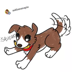 Size: 800x800 | Tagged: artist:askwinonadog, ask, askbananapie, ask winona, banana, chewing, derpibooru import, dog, dog toy, eating, food, safe, simple background, solo, squeak, squeaky toy, tail wag, tumblr, white background, winona