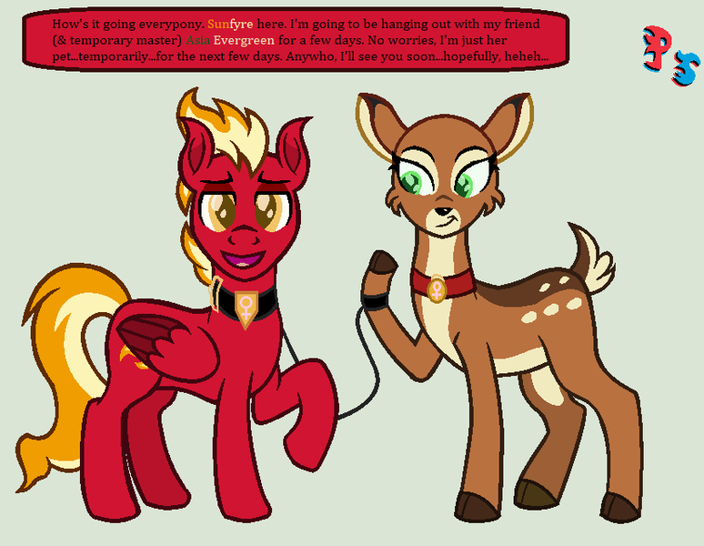 Size: 828x642 | Tagged: safe, artist:peregrinstaraptor, derpibooru import, oc, oc:asia evergreen, oc:sunfyre, unofficial characters only, deer, pegasus, pony, leash, male, simple background, stallion