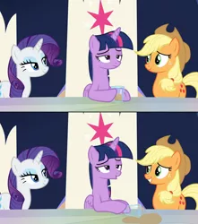 Size: 1770x2000 | Tagged: safe, derpibooru import, edit, edited screencap, screencap, applejack, rarity, twilight sparkle, twilight sparkle (alicorn), alicorn, earth pony, pony, unicorn, the beginning of the end, chocolate, chocolate milk, comic, cutie map, everything is ruined, evil, exploitable meme, food, friendship throne, glass, meme, milk, pure unfiltered evil, smiling, spill, spilled milk