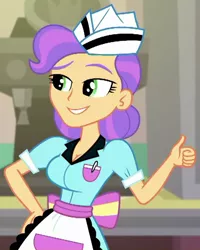 Size: 662x829 | Tagged: suggestive, derpibooru import, edit, edited screencap, editor:mlp-gft, screencap, tip top, coinky-dink world, eqg summertime shorts, equestria girls, apron, background human, big breasts, breast edit, breasts, busty tip top, cleavage, clothes, cropped, female, hand on hip, hat, smiling, solo, thumbs up, waitress