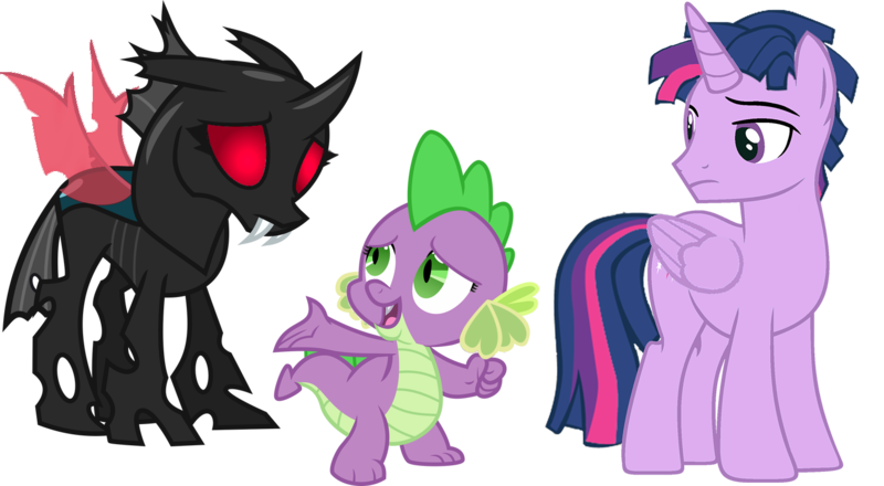 Size: 1544x849 | Tagged: safe, artist:kayman13, derpibooru import, spike, thorax, twilight sparkle, twilight sparkle (alicorn), alicorn, changeling, dragon, pony, the times they are a changeling, barb, dragoness, dusk shine, female, male, mesosoma, red eyes, rule 63, stallion, trio