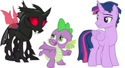 Size: 1544x849 | Tagged: safe, artist:kayman13, derpibooru import, spike, thorax, twilight sparkle, twilight sparkle (alicorn), alicorn, changeling, dragon, pony, the times they are a changeling, barb, dragoness, dusk shine, female, male, mesosoma, red eyes, rule 63, stallion, trio