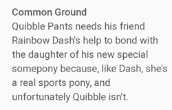 Size: 489x312 | Tagged: common ground, derpibooru import, quibble pants, rainbow dash, safe, season 9, spoiler:s09, synopsis, text, text only