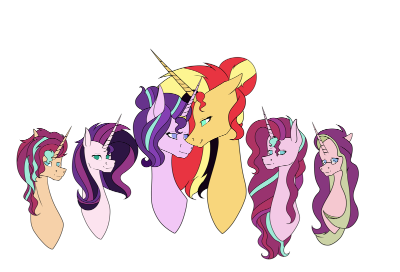 Size: 7937x5385 | Tagged: safe, artist:icey-wicey-1517, artist:moonlight0shadow0, color edit, derpibooru import, edit, starlight glimmer, sunset shimmer, oc, oc:dawn light (ice1517), oc:dusk fire (ice1517), oc:evening glitter, oc:shadow shine, pony, unicorn, icey-verse, alternate hairstyle, brother and sister, bust, collaboration, colored, family, female, glasses, horn, horn ring, jewelry, lesbian, looking at each other, magical lesbian spawn, male, mare, mother and child, mother and daughter, mother and son, next generation, offspring, parent:starlight glimmer, parent:sunset shimmer, parents:shimmerglimmer, ring, shimmerglimmer, shipping, siblings, simple background, sisters, stallion, transparent background, twins, wedding ring