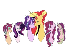 Size: 7937x5385 | Tagged: safe, artist:icey-wicey-1517, artist:moonlight0shadow0, color edit, derpibooru import, edit, starlight glimmer, sunset shimmer, oc, oc:dawn light (ice1517), oc:dusk fire (ice1517), oc:evening glitter, oc:shadow shine, pony, unicorn, icey-verse, alternate hairstyle, brother and sister, bust, collaboration, colored, family, female, glasses, horn, horn ring, jewelry, lesbian, looking at each other, magical lesbian spawn, male, mare, mother and child, mother and daughter, mother and son, next generation, offspring, parent:starlight glimmer, parent:sunset shimmer, parents:shimmerglimmer, ring, shimmerglimmer, shipping, siblings, simple background, sisters, stallion, transparent background, twins, wedding ring