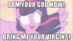 Size: 874x491 | Tagged: alicorn, caption, derpibooru import, edit, edited screencap, i am your god now bring me your virgins, image macro, safe, screencap, solo, text, the beginning of the end, twilight sparkle, twilight sparkle (alicorn)