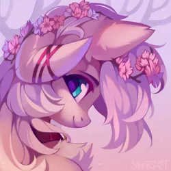 Size: 800x800 | Tagged: safe, artist:lispp, artist:share dast, derpibooru import, oc, oc:champagne supernova, unofficial characters only, pony, chest fluff, cute, female, flower, flower in hair, fluffy, freckles, looking at you, mare, ocbetes, profile, ribbon, smiling, solo