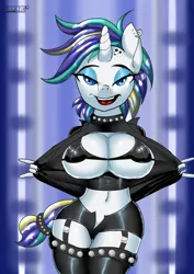 Size: 3508x4961 | Tagged: suggestive, artist:skyline19, derpibooru import, rarity, anthro, unicorn, absolute cleavage, alternate hairstyle, belly button, breasts, busty rarity, cleavage, ear piercing, female, looking at you, midriff, piercing, presenting, punk, raripunk, solo, solo female